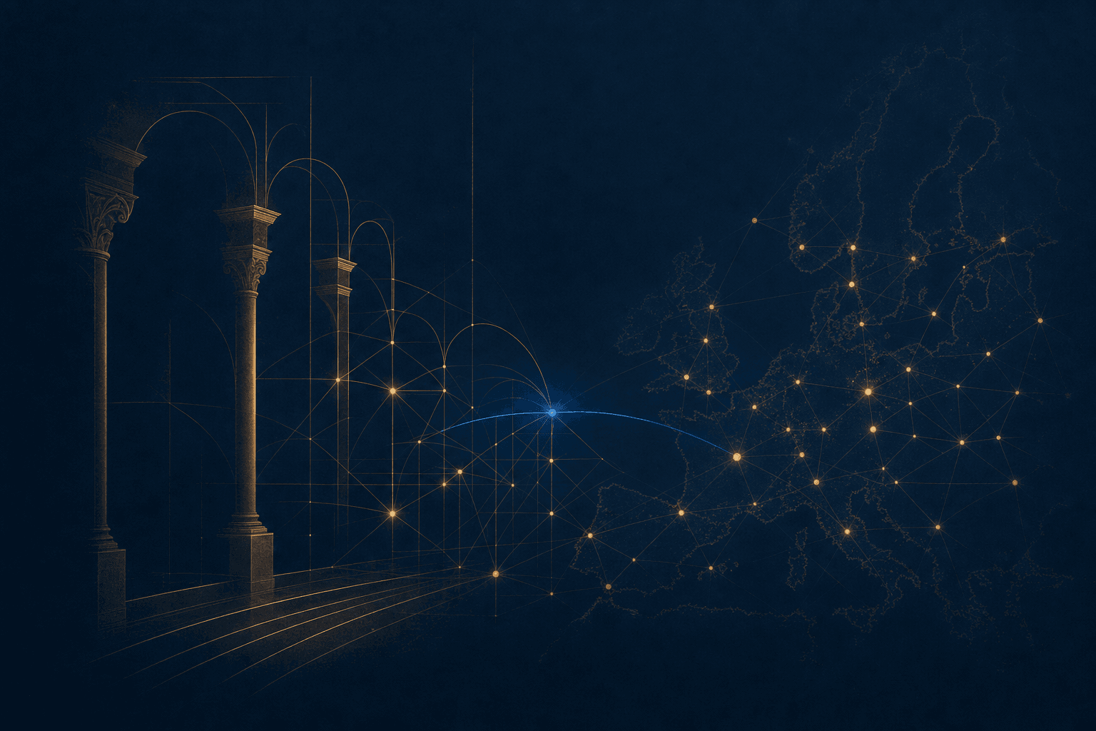 A connected network of European chambers over a classical arch and a map of Europe, in deep navy and brass — the CamaraSys identity