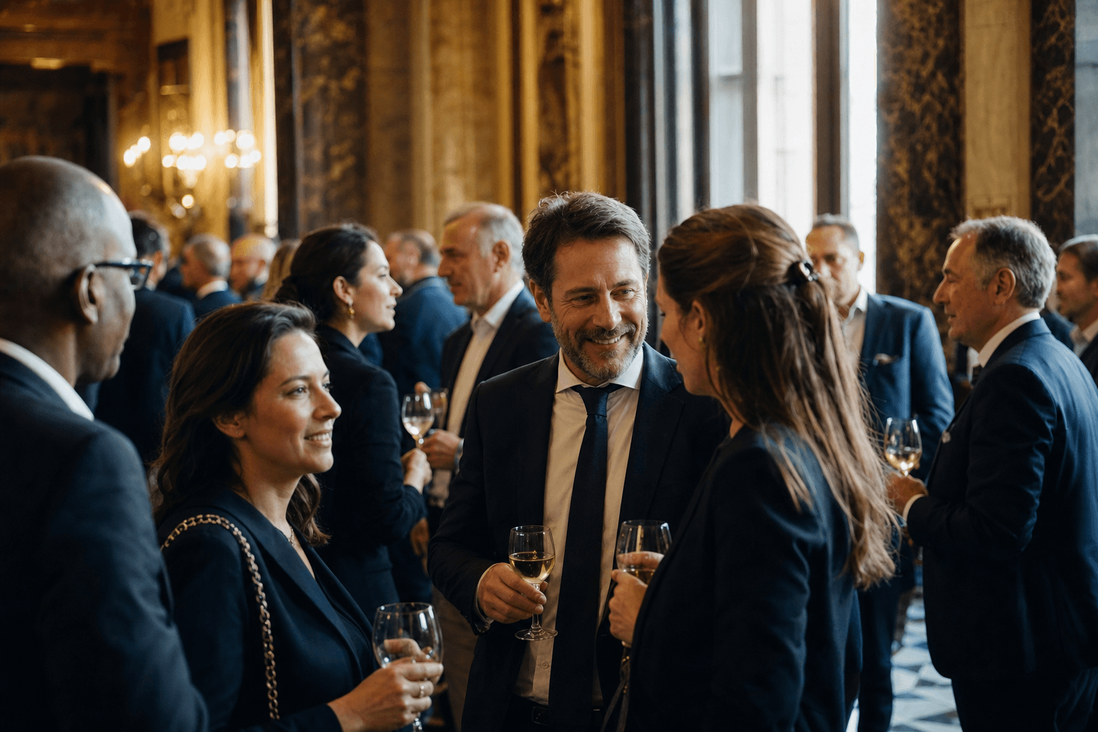 Members of a chamber of commerce networking at a reception